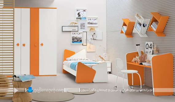 تزیین دکوراسیون اتاق کودکان و نوجوانان با رنگ بندی سفید و نارنجی دخترانه