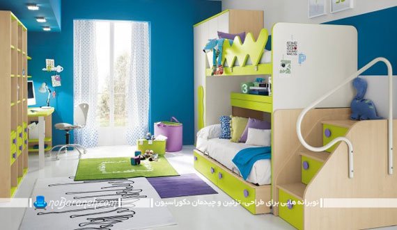 اتاق خواب کودکان و نوجوانان با طراحی دکوراسیون دو قلو و سرویس خواب دو طبقه