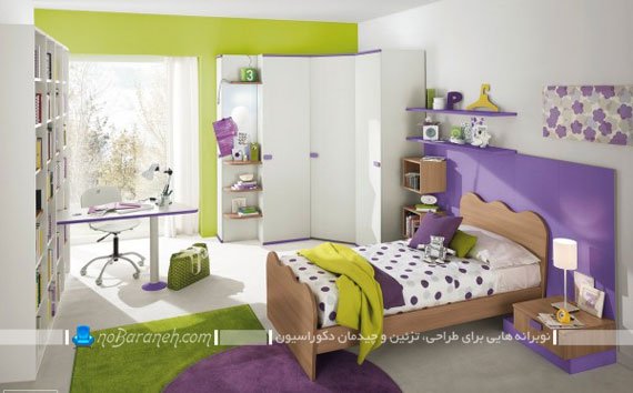 طراحی دکوراسیون شیک و مدرن اتاق خواب نوجوانان با رنگ بنفش و سبز (دخترانه)