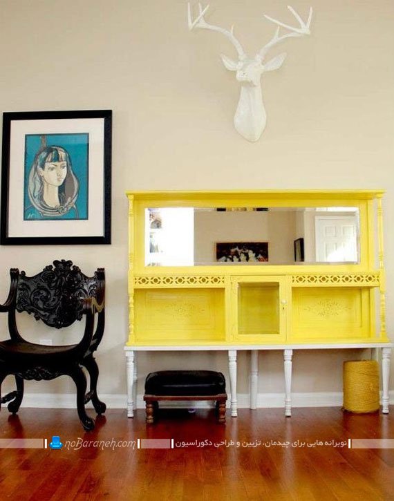 تزیین فضای خانه با کنسول چوبی زرد رنگ. مبلمان سنتی زرد رنگ