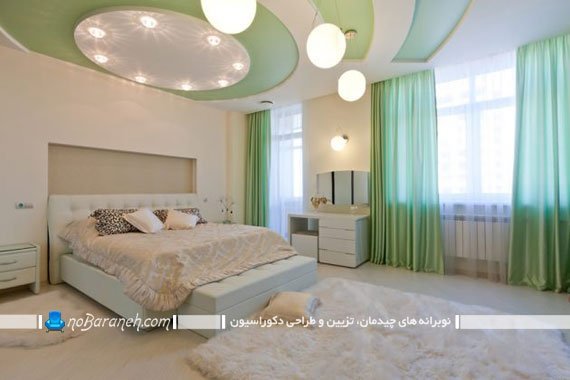 پرده های حریر فسفری و سبز برای تزیین اتاق خواب. پرده های فسفری اتاق خواب عروس. مدل های تزیین اتاق خواب با رنگ سبز و سفید. ست کردن رنگ سقف و پرده ها با رنگ سبز