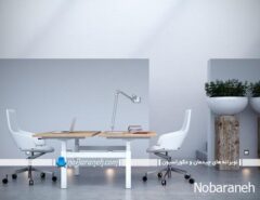 میز اداری مدرن و دوبل با بدنه چوبی و فلزی سفید رنگ