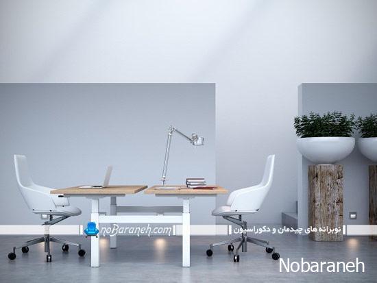 میز اداری مدرن و دوبل با بدنه چوبی و فلزی سفید رنگ