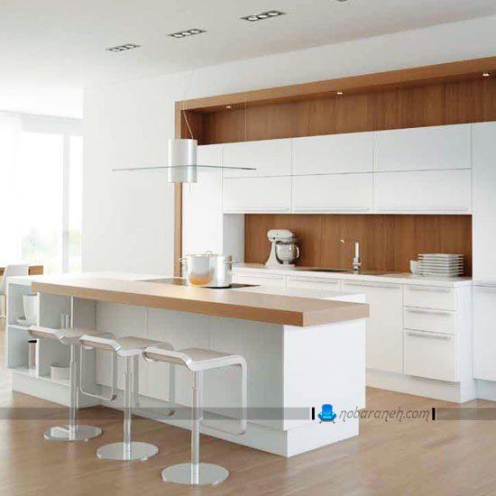 مدل کابینت سفید آشپزخانه. کابینت سفید و قهوه ای مدرن. کابینت سفید و رنگ چوب. عکس و قیمت کابینت های گلاس سفید و رنگ چوب