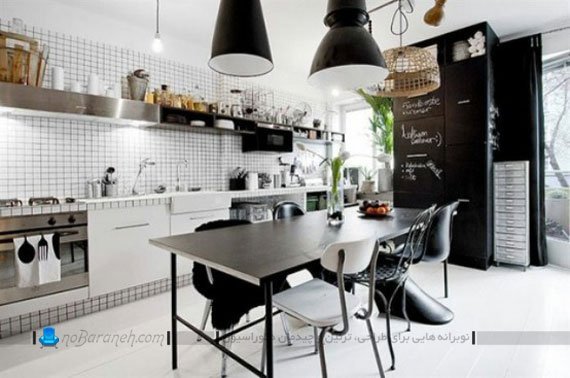 مدل دیزاین آشپزخانه با مشکی و سفید. مدل کابینت مدرن و تیره رنگ سیاه