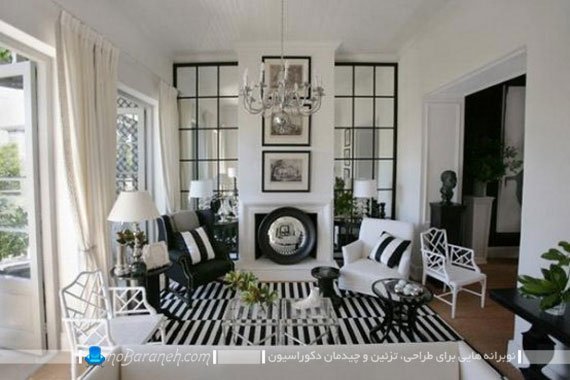 تزیین شیک و کلاسیک اتاق پذیرایی با رنگ سیاه یا مشکی. ترکیب رنگ سفید و مشکی در پذیرایی