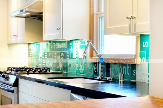 دیوارپوش های زیبا برای تزیین دیوار آشپزخانه. کاشی های مدرن برای بین کابینتی
