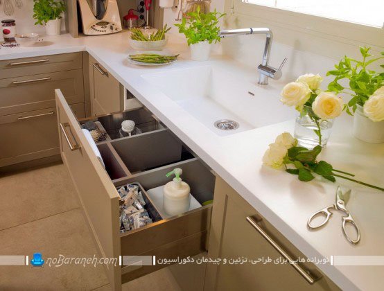کابینت آشپزخانه با صفحه سفید رنگ مدل سینک مدرن آشپزخانه