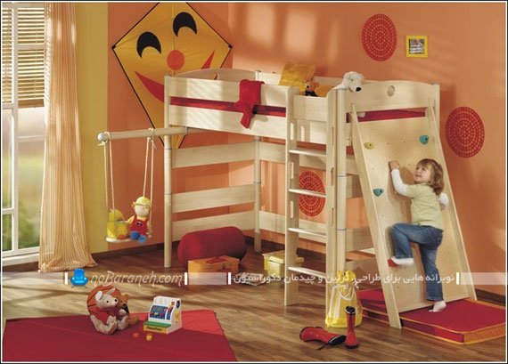 تخت خواب دخترانه و نردبان دار اتاق کودک