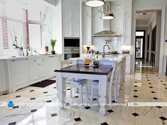 کفپوش سرامیک آشپزخانه سرامیک آشپزخانه سفید مدرن شیک کلاسیک. مدل جدید کفپوش آشپزخانه