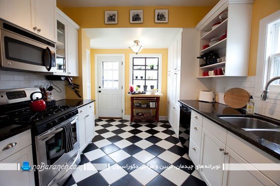 کفپوش سرامیک آشپزخانه شطرنجی سیاه و سفید سرامیک کف آشپزخانه