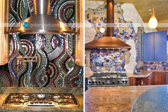 تزیین و دیزاین دیوارهای آشپزخانه با کاشی فانتزی. مدل های جدید تایل بین کابینتی رنگی و فانتزی