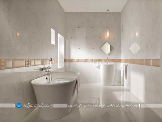 کاشی حمام شیک مدرن ساده با رنگ بندی سفید و طلایی. مدل های جدید کاشی و سرامیک توالت و دستشویی .