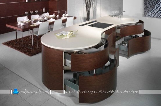 کابینت چوبی مدرن آشپزخانه با اپن منحنی. عکس جدیدترین مدل میز جزیره کشو دار