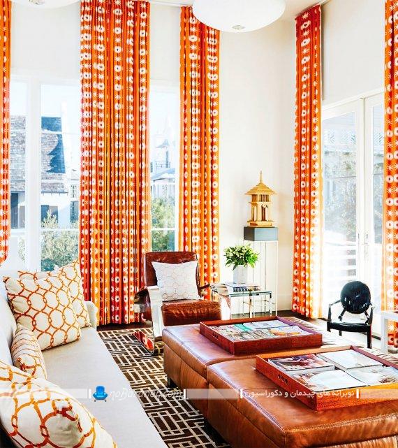 دکوراسیون اتاق پذیرایی با رنگ نارنجی. طراحی شیک اتاق پذیرایی با رنگ های شاد