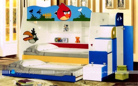 تخت خواب اتاق مشترک بچه های دو قلو با نردبان. تخت خواب انگری برد برای اتاق بچه ها با طرح مدرن شیک فانتزی.