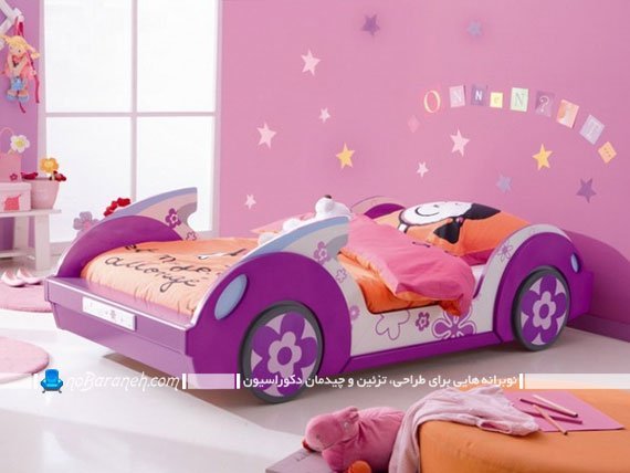 تخت کودک با طرح ماشین دخترانه با طرح و مدل فانتزی شیک پرنسسی زیبا خوشکل.