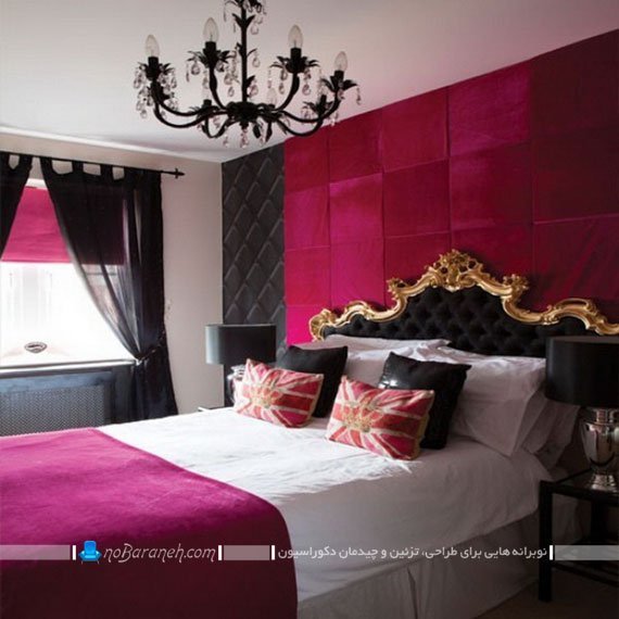 مدل تخت خواب سلطنتی عروس و دیزاین اتاق با سیاه و بنفش