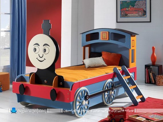 تخت خواب بچه گانه با طرح قطار و ترن برای اتاق خواب کودک پسر. مدل های جدید تحت کودک به شکل قطار کودکانه پسرانه.