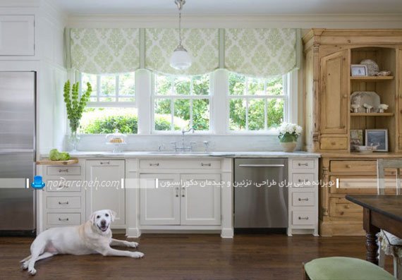 والان پرده آشپزخانه با رنگ سبز طرح دار شیک فانتزی سنتی کلاسیک سلطنتی. تزیین پنجره آشپزخانه با والان پرده کوتاه به زیباترین شکل ممکن.