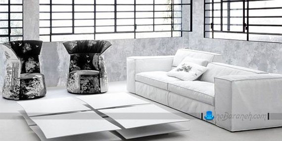 کاناپه راحتی ساده سفید رنگ با میز جلو مبلی مدرن. مدل ساده و مدرن کاناپه سه نفره سفید رنگ
