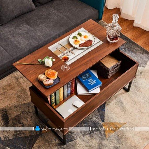 میز بین مبلی چوبی تبدیلی به غذاخوری. مدل شیک مدرن زیبا جدید میز جلو مبلی چوبی میز عسلی بین مبلی کنار مبلی