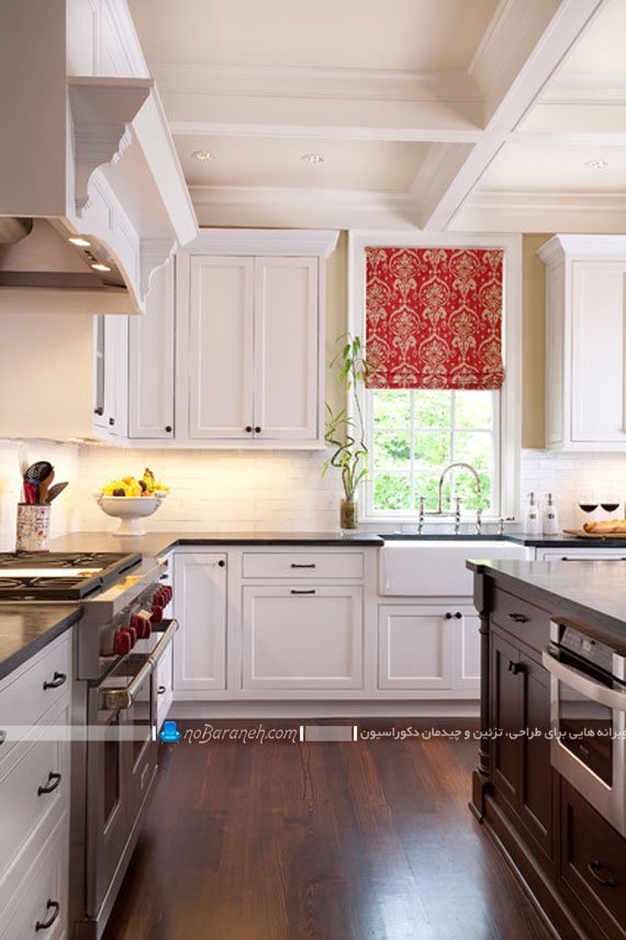 مدل پرده عمودی آشپزخانه ، پرده فانتزی آشپزخانه با رنگ قرمز زرشکی طرح کلاسیک سنتی شیک مدرن برای تزیین پنجره آشپزخانه. مدل های جدید پرده آشپزخانه.