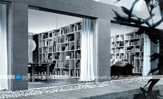 مدلهای جدید کتابخانه خانگی بزرگ با قفسه های شلف مانند. مدلهای قفسه بندی دیوار منزل