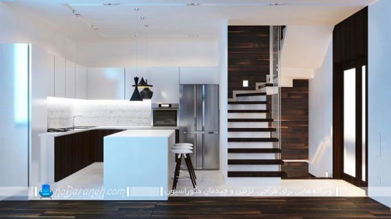 مدل آشپزخانه مدرن با کابینت های سفید و قهوه ای
