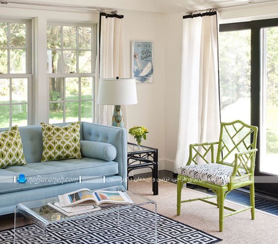 دیزاین اتاق پذیرایی با رنگ آبی. طراحی کلاسیک با رنگ سبز و آبی