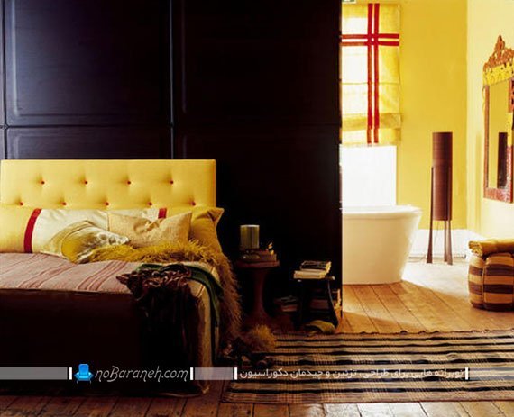 دیزاین اتاق خواب با سیاه و زرد / عکس. دکوراسیون اتاق عروس با رنگ سیاه. مدل تخت خواب دو نفره زرد رنگ