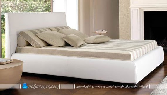 تخت خواب سفید رنگ با نمای چرمی