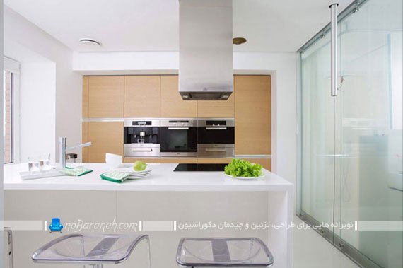 دکوراسیون مینیمالیستی آشپزخانه اپن. طراحی دکوراسیون شیک خانه با رنگ سفید