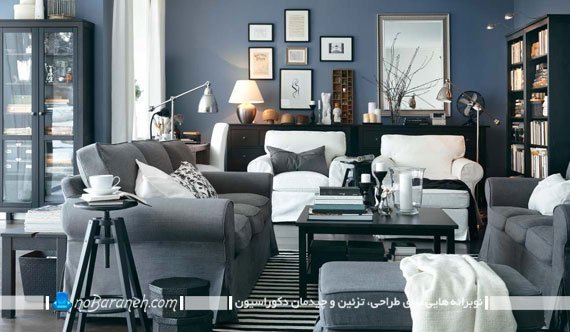 طراحی دکوراسیون اتاق نشیمن با رنگهای تیره. دیزاین اتاق پذیرایی با رنگ آبی تیره