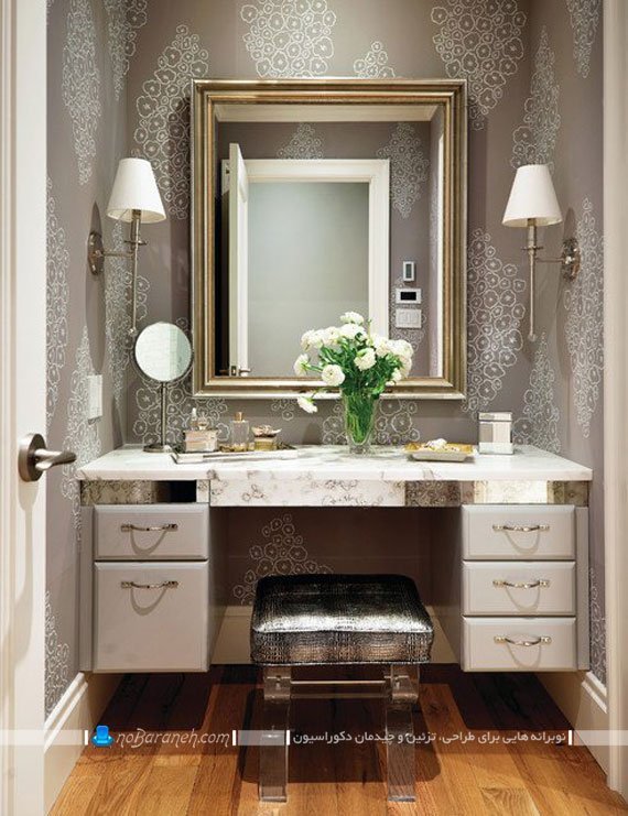 میز آرایش کلاسیک با آینه دیواری طراحی اتاق آرایش در خانه