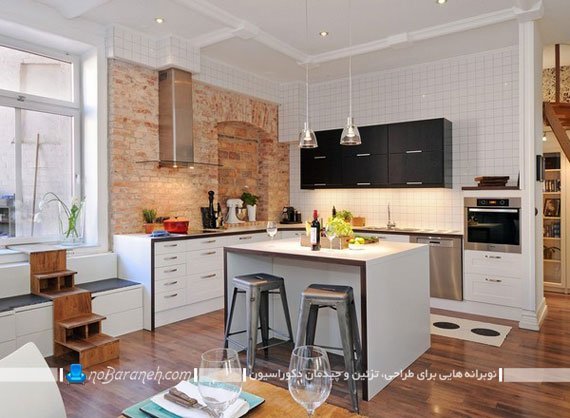دیوارپوش آجری آشپزخانه دکوراسیون آشپزخانه بسته و سنتی. تزیین دیوارهای آشپزخانه با کاشی و دیوارپوش آجری شیک مدرن کلاسیک