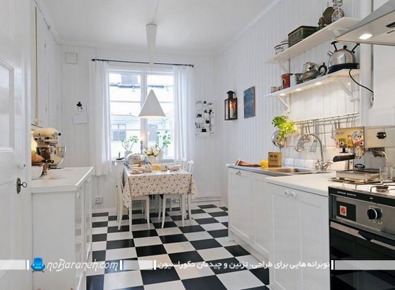 کفپوش آشپزخانه با طرح شطرنجی سیاه و سفید. دکوراسیون شیک آشپزخانه با طرح و مدل زیبا و شیک جدید