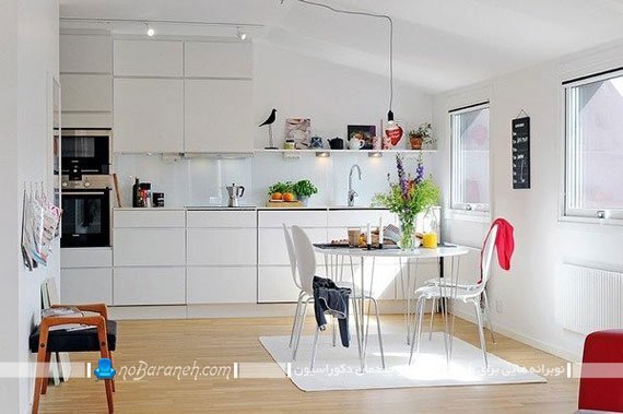 دکوراسیون آشپزخانه عروس. مدل کابینت های مدرن و سفید رنگ شیک در طرح جدید
