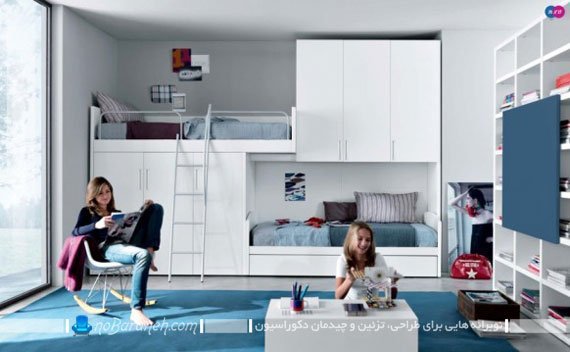 دیزاین دخترانه اتاق خانمهای جوان با آبی و سفید دکوراسیون اتاق خواب دخترانه لاکچری