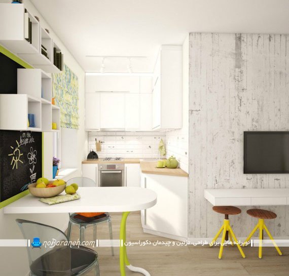 طراحی دکوراسیون داخلی آشپزخانه کوچک با رنگ سفید. چیدمان و دکوراسیون خانه کوچک و نقلی شیک