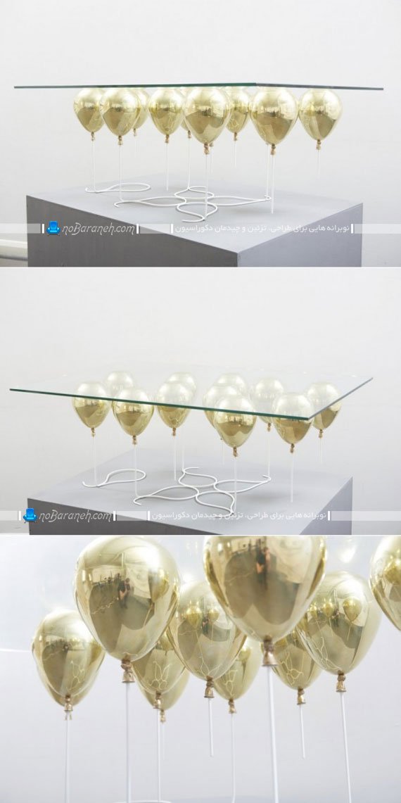 میز جلو مبلی شیشه ای و فانتزی. میز شیشه ای با پایه بادکنکی