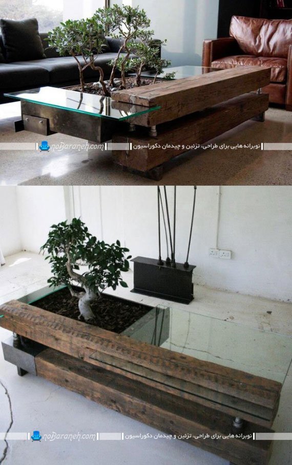 میز جلو مبلی باغچه دار. میز پذیرایی شیشه ای و چوبی