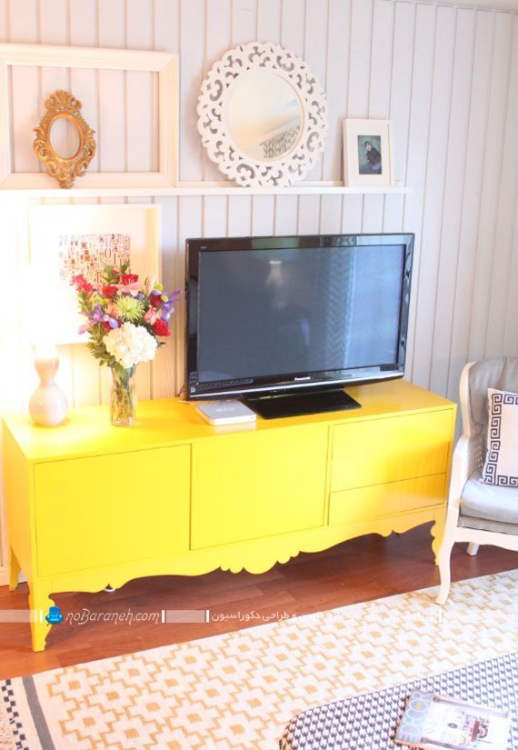 میز تلویزیون چوبی زرد رنگ شیک ارزان قیمت چوبی. چیدمان مبلمان های زرد رنگ در خانه