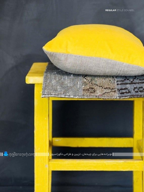نیمکت زرد رنگ و خاکستری. نیمکت و چهارپایه چوبی ساده و ارزان قیمت زرد رنگ