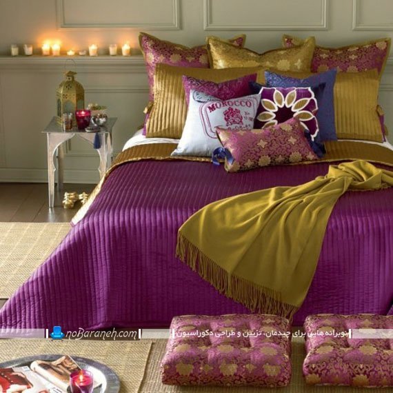 روتختی عروس با رنگ بنفش و طلایی ایده های شیک برای تزیین تخت خواب