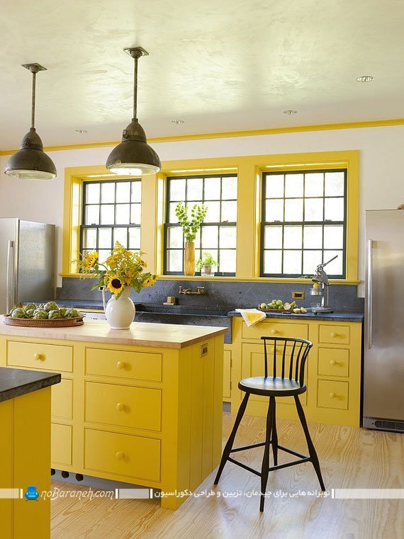 دیزاین آشپزخانه با زرد و خاکستری. آشپزخانه زرد و طوسی آشپزخانه زرد رنگ ست وسایل آشپزخانه زرد