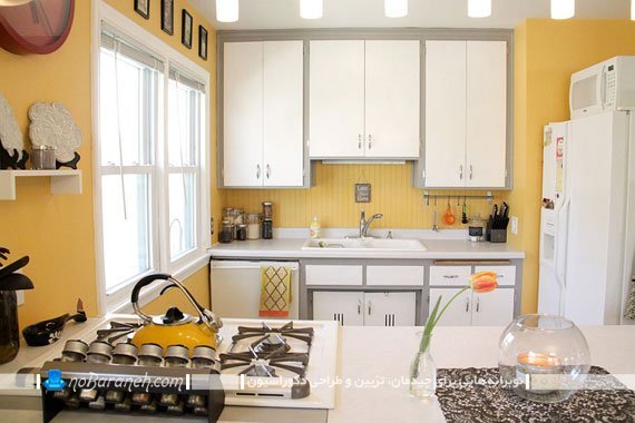 آشپزخانه زرد و سفید. دیزاین آشپزخانه با زرد و سفید یا خاکستری و طوسی. ایده تزیین و دکوراسیون آشپزخانه کوچک