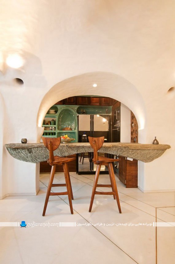 مدل فانتزی و چوبی میز اپن آشپزخانه. طراحی سقف گنبدی شکل