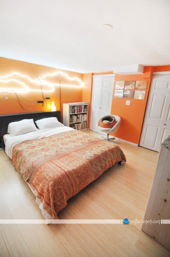 نورپردازی دیوارهای اتاق خواب طراحی اتاق خواب با رنگ نارنجی
