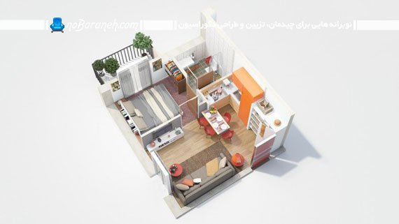 پلان سه بعدی چیدمان خانه یک خوابه